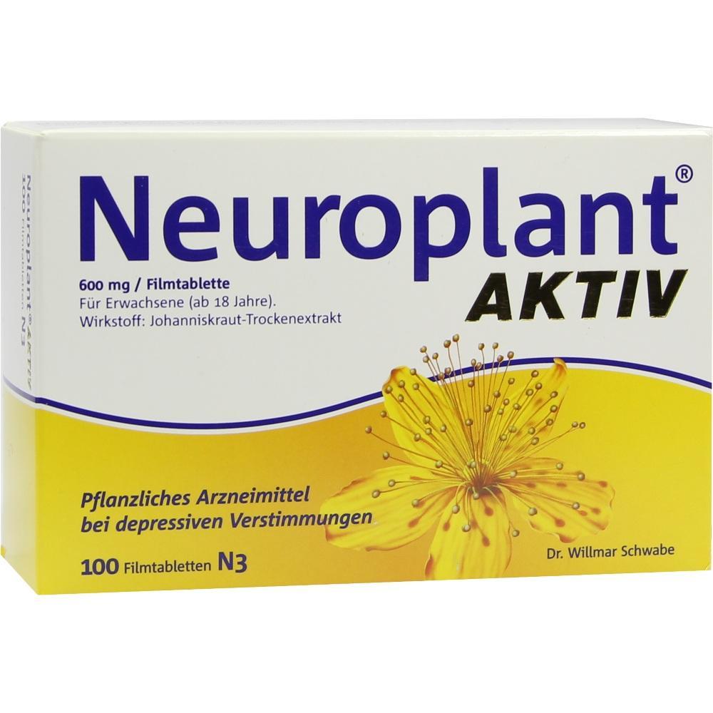 Verpackung von "Neuroplant AKTIV" mit Johanniskraut f&uuml;r Erwachsene zur Stimmungsverbesserung.