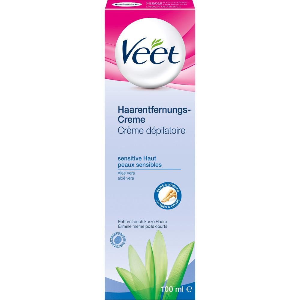 Verpackung einer Haarentfernungscreme mit Aloe Vera für sensible Haut.