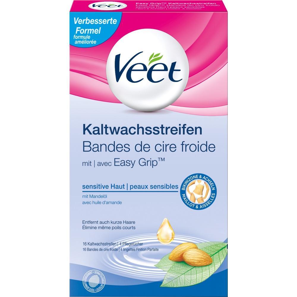 Die Verpackung zeigt Veet Kaltwachsstreifen f&uuml;r empfindliche Haut mit Mandel&ouml;l.