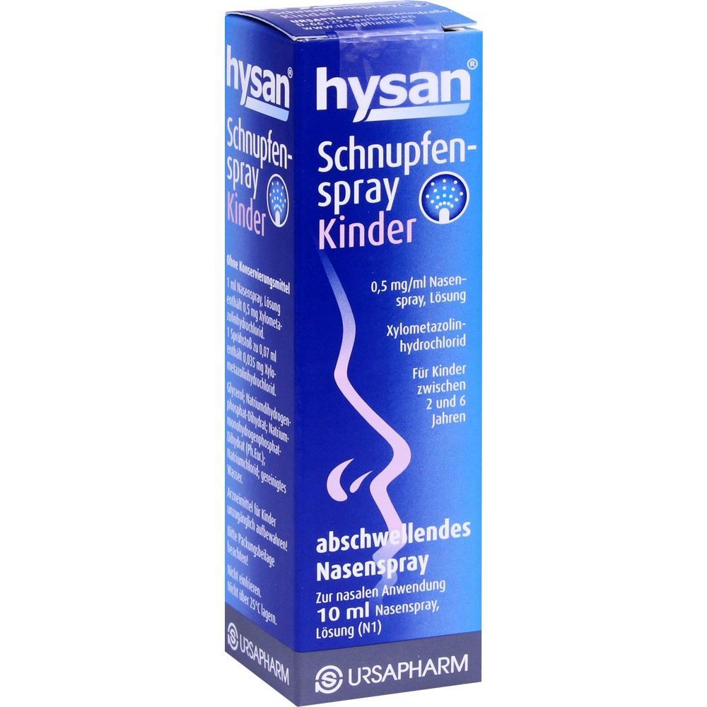 Blauer Karton mit Hysan Schnupfenspray f&uuml;r Kinder von 2 bis 6 Jahren.