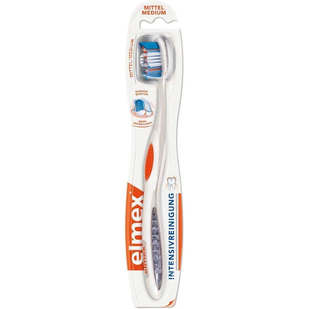 Verpackte Zahnbürste mit mittelharten Borsten.