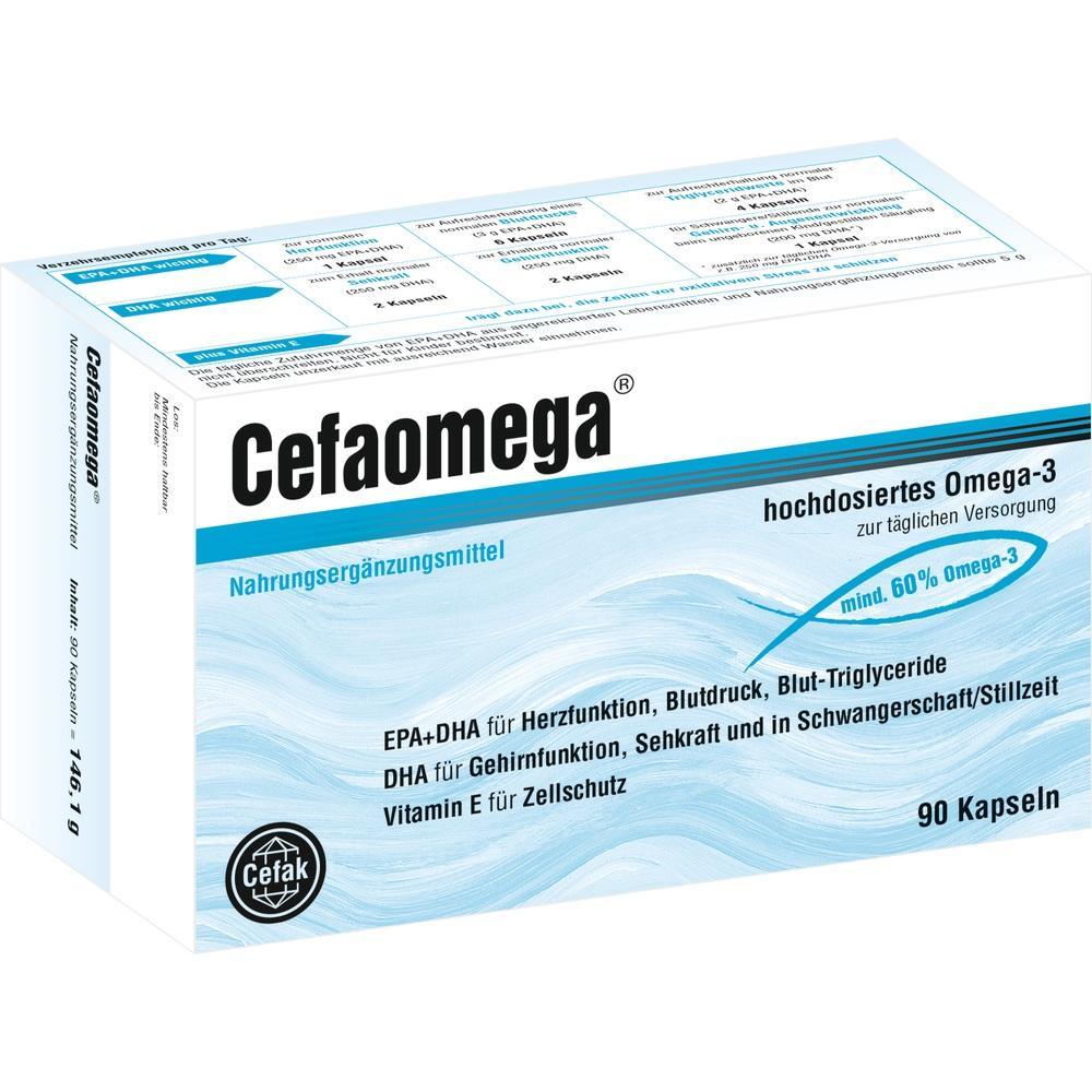 Packung von CeFaomega, einem Omega-3-Nahrungserg&auml;nzungsmittel mit 90 Kapseln.