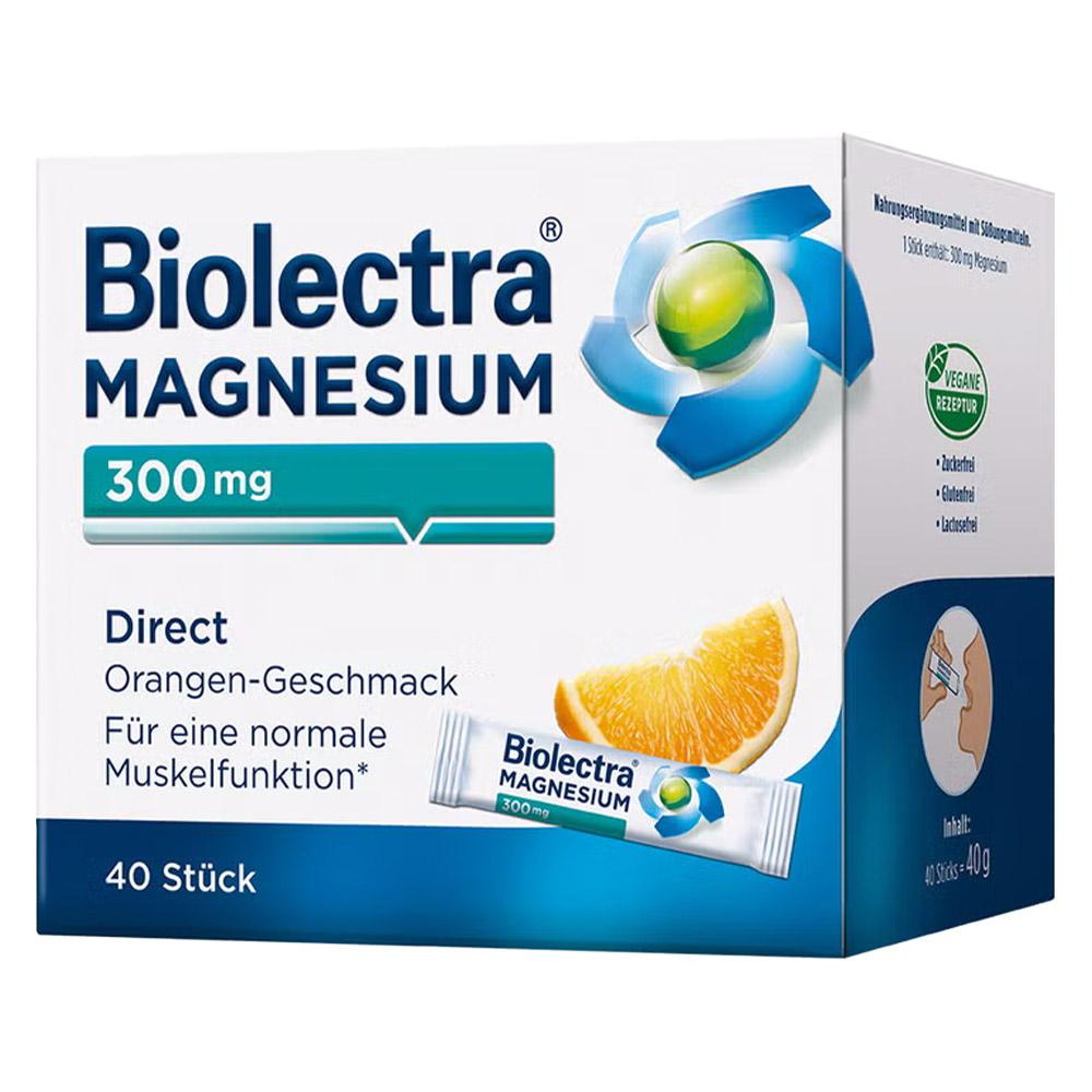 Eine Verpackung Biolectra Magnesium mit Orangengeschmack f&uuml;r normale Muskelfunktion.