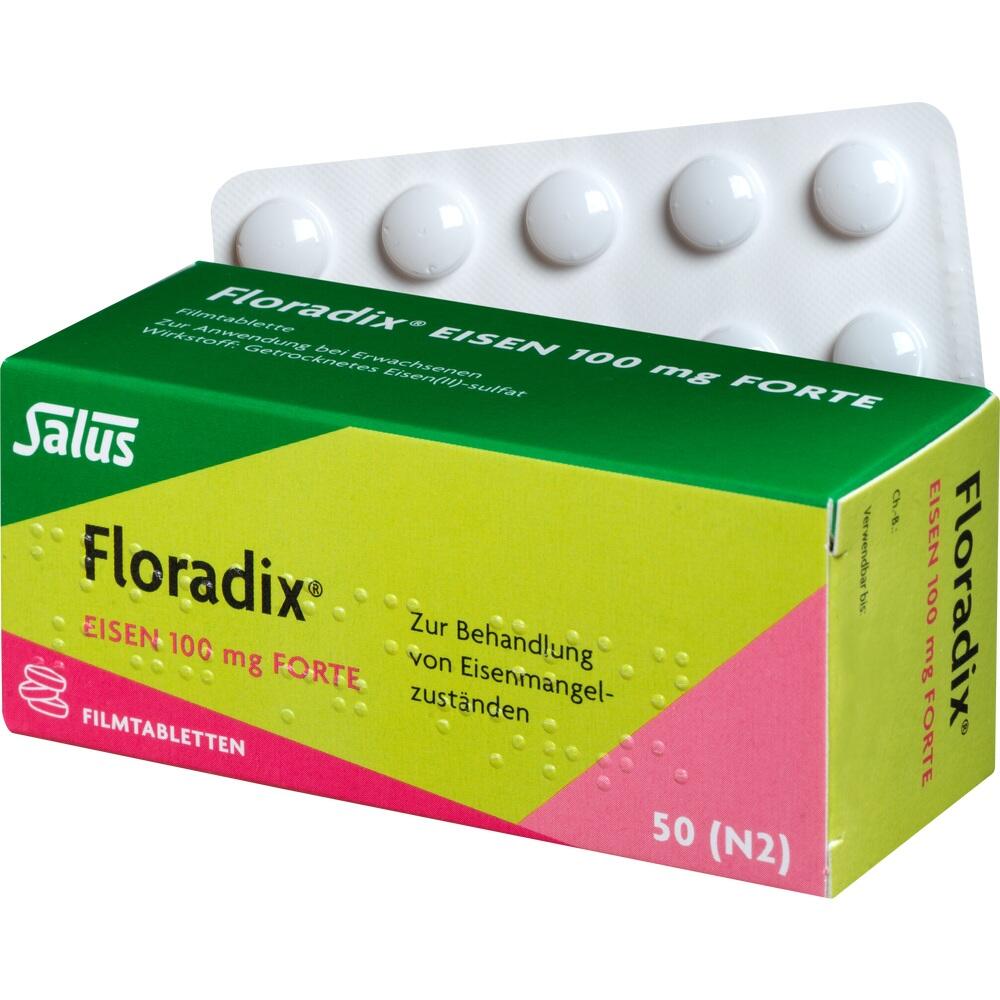 Eine Packung mit Filmtabletten gegen Eisenmangel, darauf steht "Floradix Eisen 100 mg".