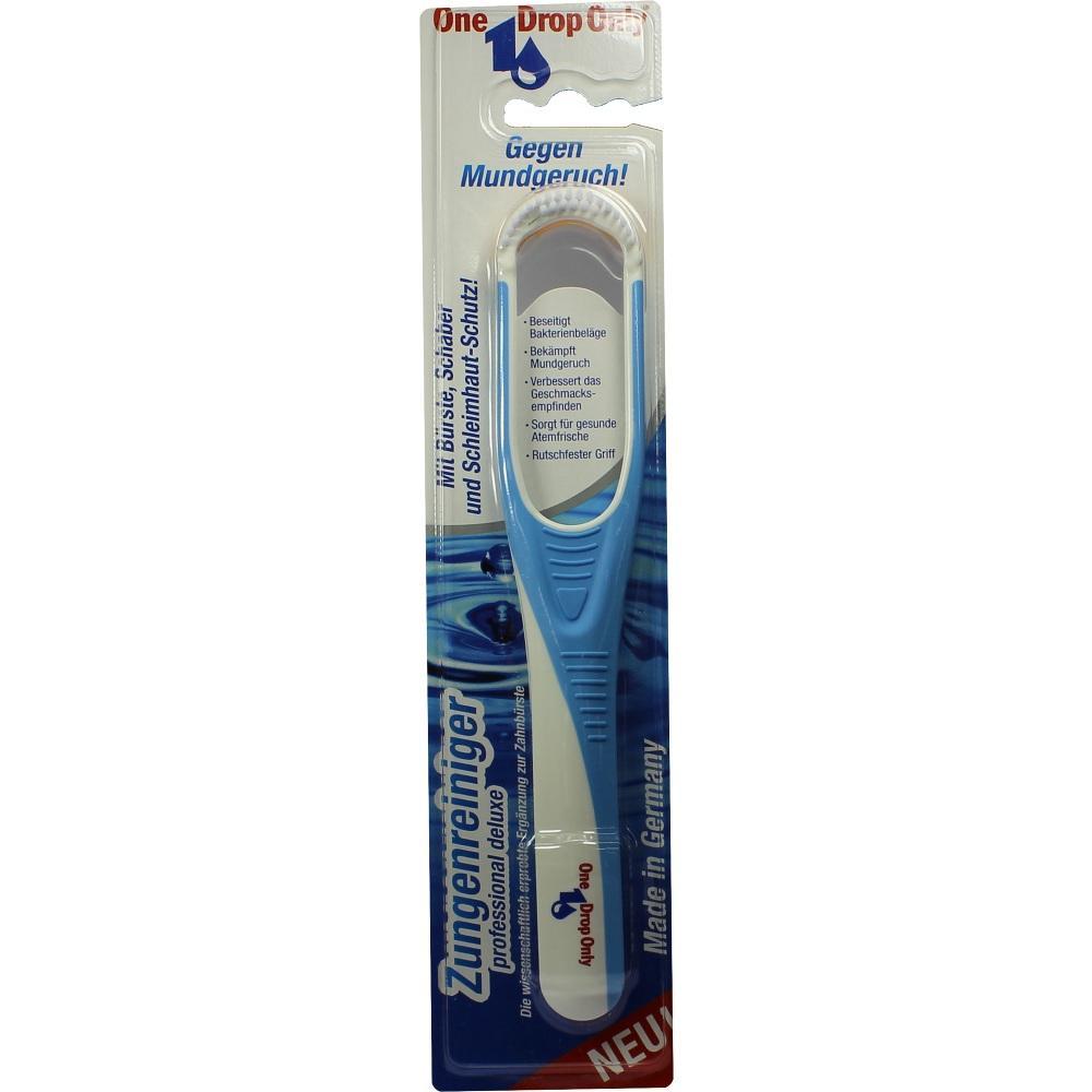 Eine Packung mit einem blauen Zungenreiniger gegen Mundgeruch.
