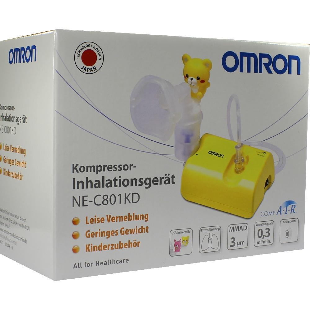 Wei&szlig;e Kartonverpackung mit gelbem Omron Inhalationsger&auml;t und einem Teddyb&auml;r f&uuml;r Kinder.