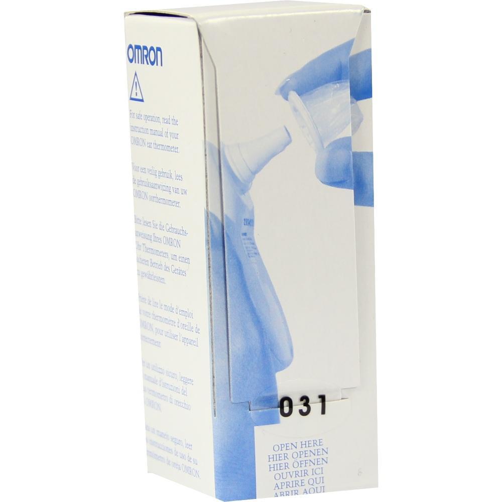 Eine Verpackung mit einem Bild eines Ohrthermometers und mehrsprachigen Anweisungen.