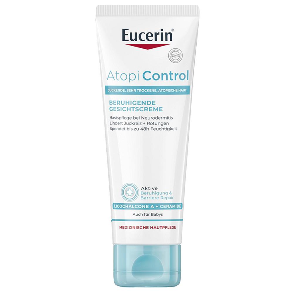 Wei&szlig;e Verpackung einer Gesichtscreme f&uuml;r juckende, ger&ouml;tete Haut, speziell bei Neurodermitis.