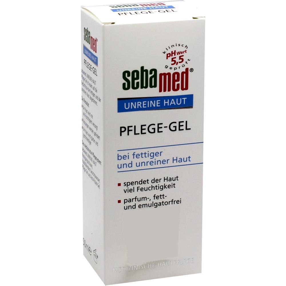 Eine wei&szlig;e Verpackung von Sebamed Pflege-Gel f&uuml;r unreine Haut steht aufrecht.
