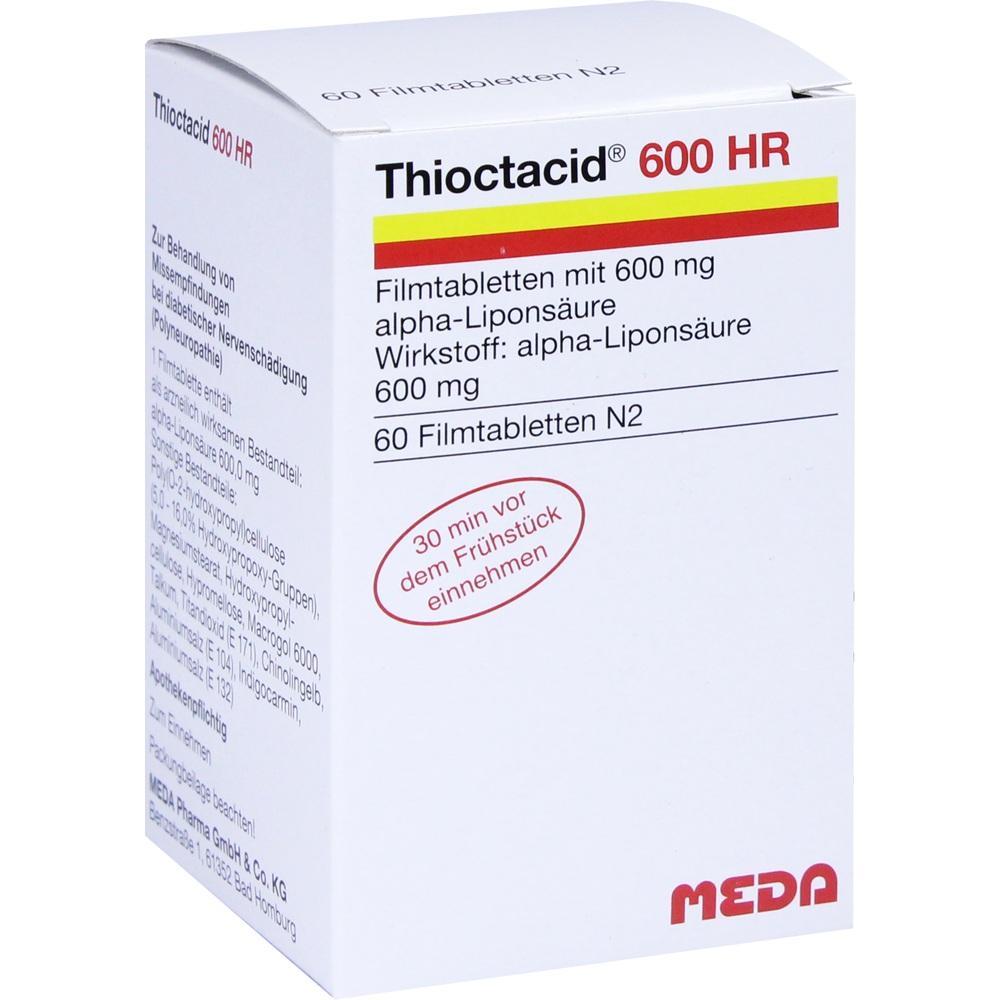 Eine wei&szlig;e Medikamentenschachtel mit der Aufschrift "Thioctacid 600 HR".