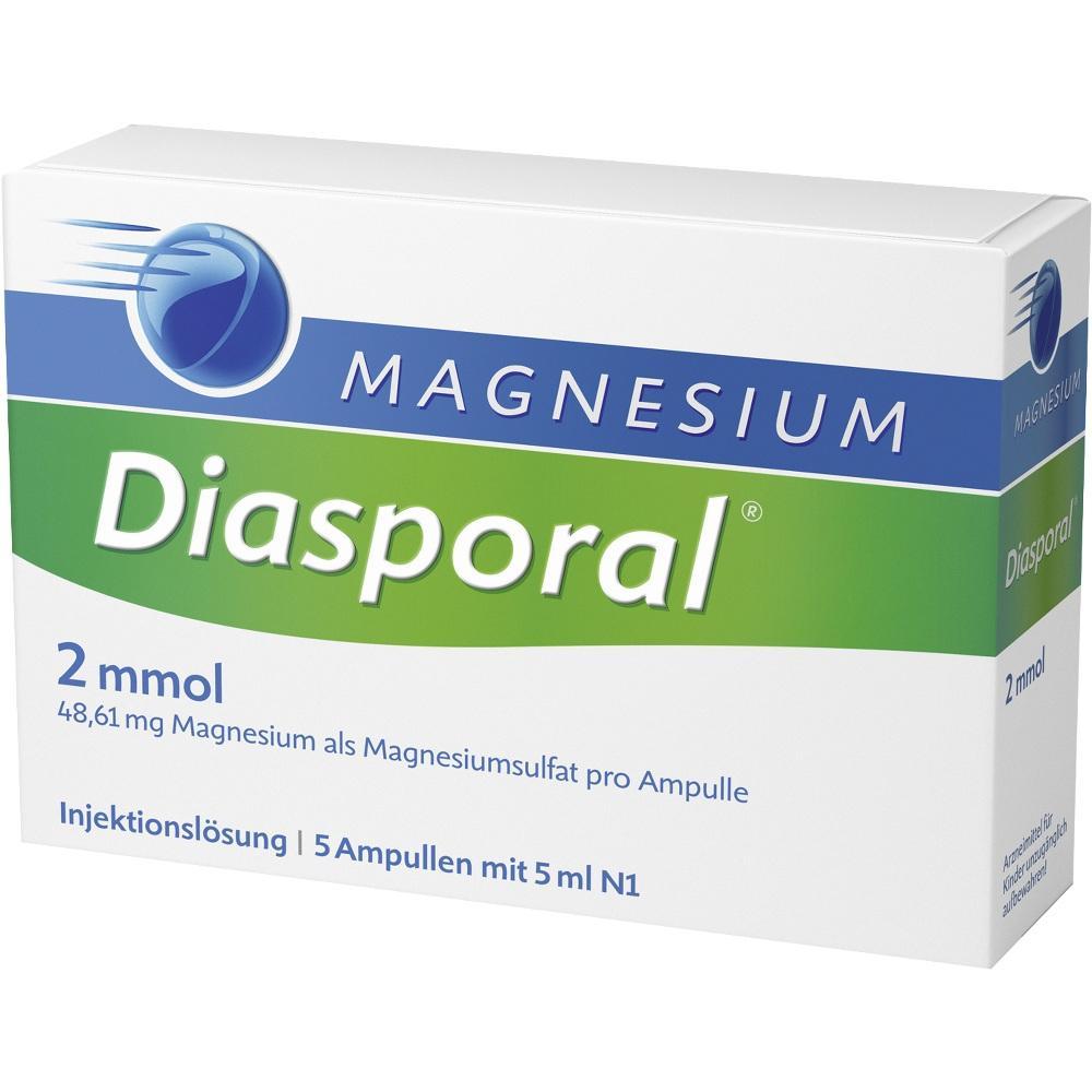 Wei&szlig;e Packung mit der Aufschrift "Magnesium Diasporal", 5 Ampullen.