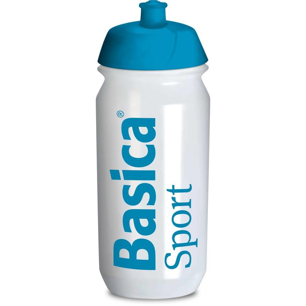 Wei&szlig;e Trinkflasche mit blauem Deckel und der Aufschrift "Basica Sport".