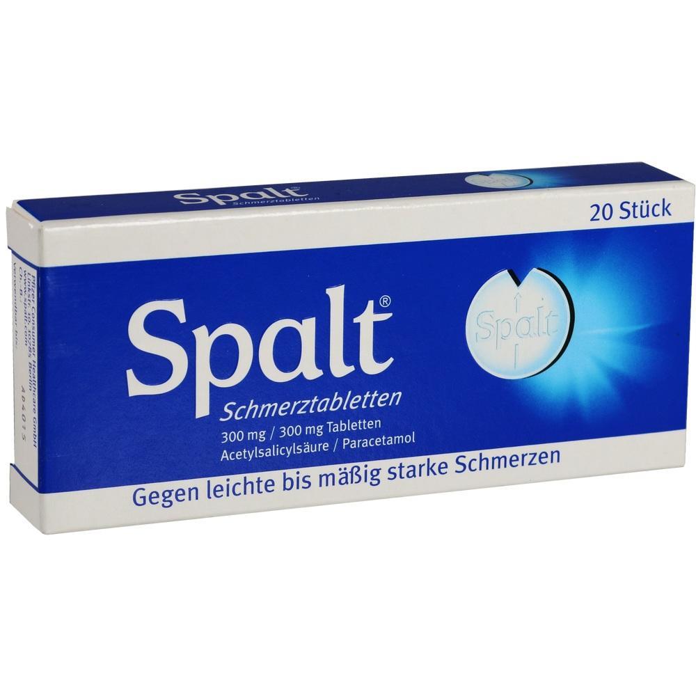 Eine blaue Verpackung von Spalt Schmerztabletten, gegen leichte bis m&auml;&szlig;ig starke Schmerzen.