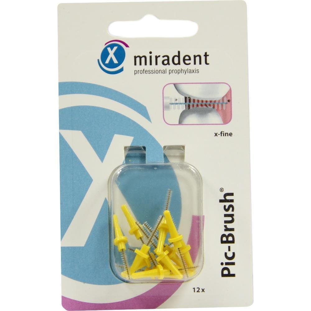 Gelbe Zahnreinigerb&uuml;rsten von "miradent" in einer Verpackung mit blauem Hintergrund.