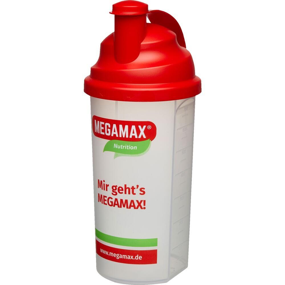 Ein wei&szlig;er Shaker mit rotem Deckel und der Aufschrift "Mir geht's MEGAMAX!"