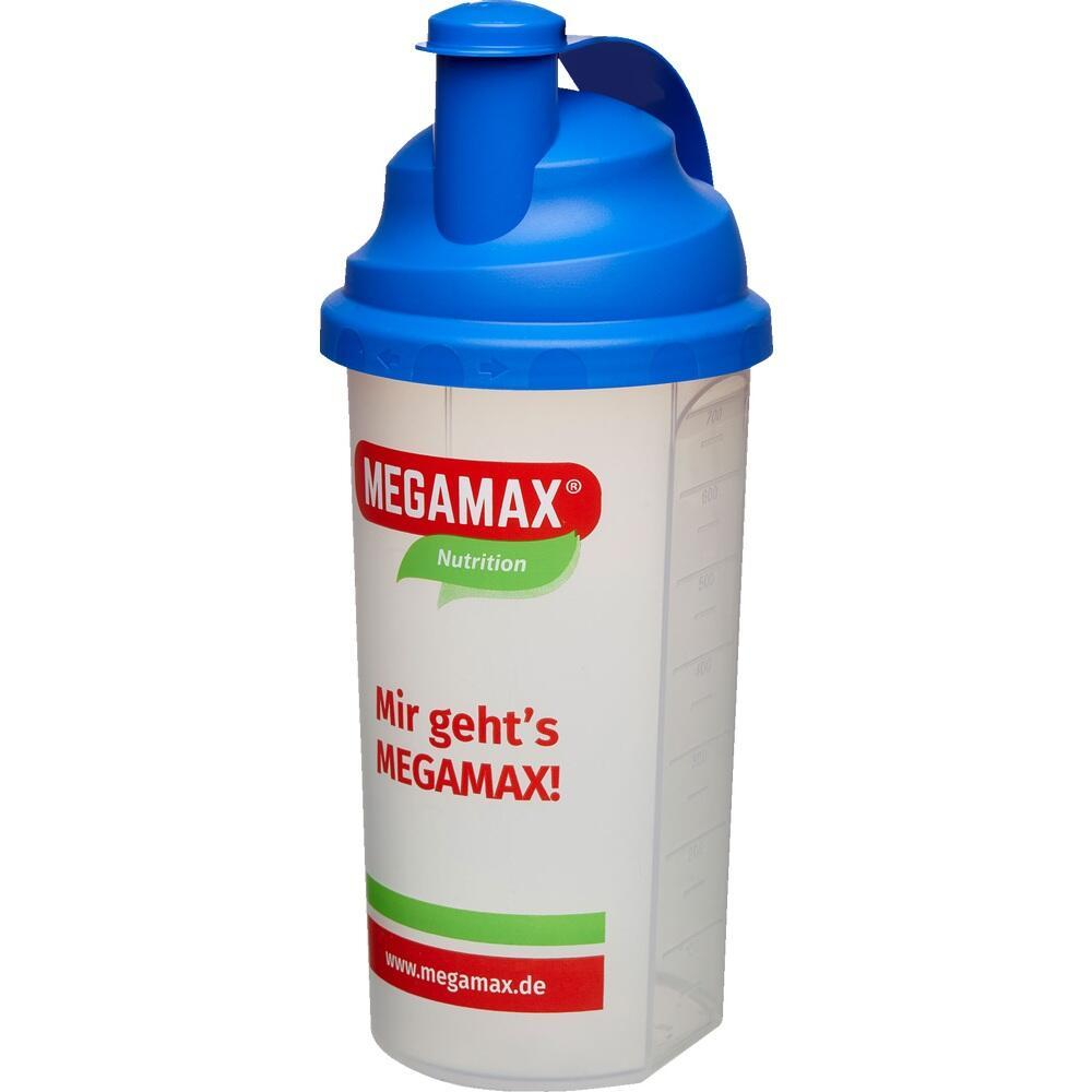 Ein wei&szlig;er Shaker mit blauem Deckel und rotem Logo-Aufdruck von MEGAMAX.