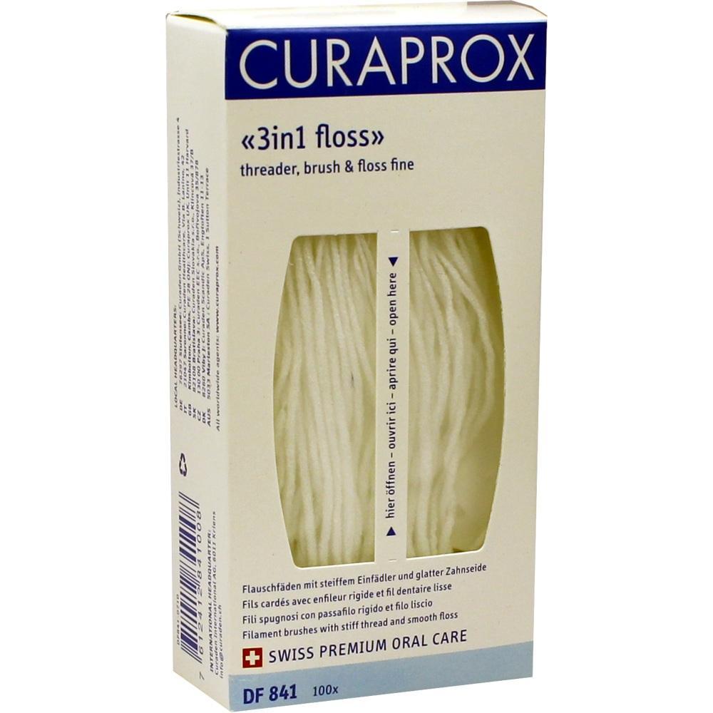 Eine Verpackung mit Zahnseide namens "Curaprox 3in1 floss".