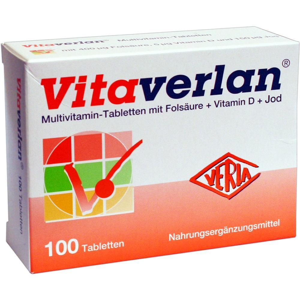 Eine Packung Multivitamin-Tabletten mit 100 Tabletten von "Vitaverlan".