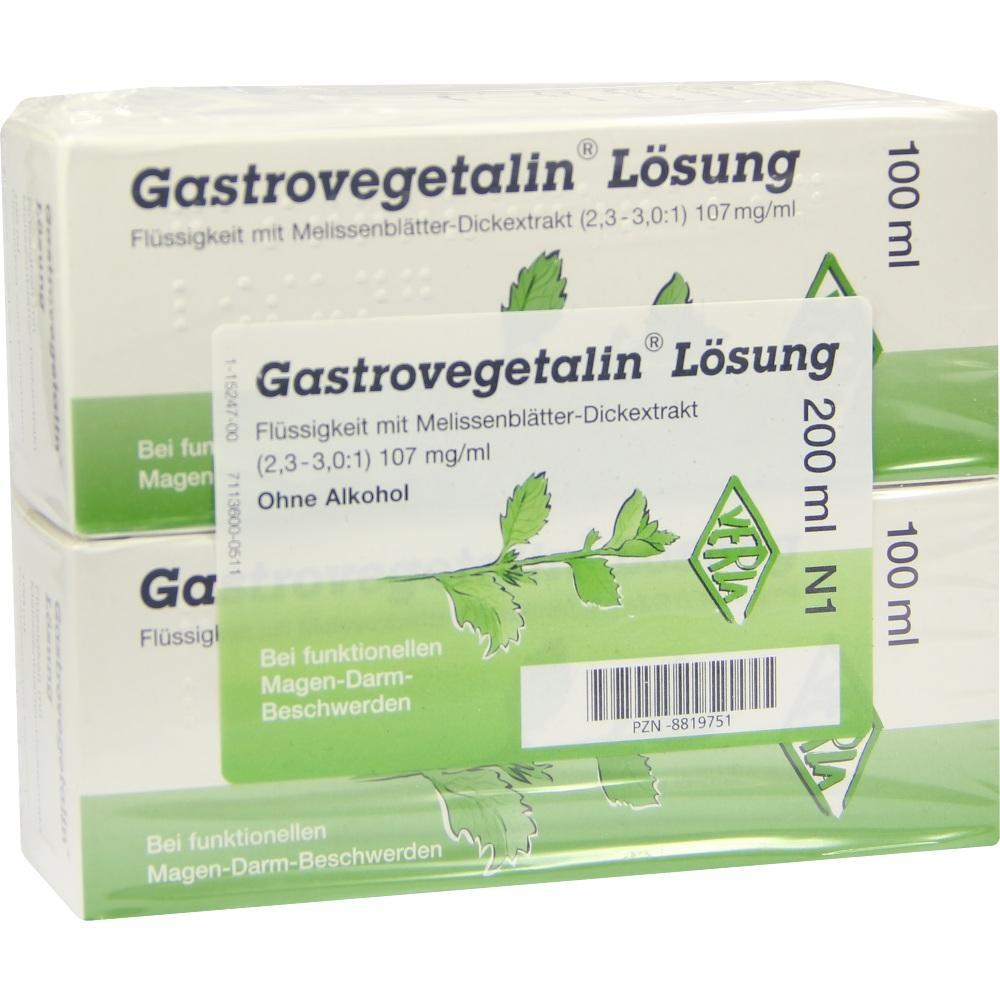 Zwei Packungen Gastrovegetalin-L&ouml;sung gegen Magen-Darm-Beschwerden aus Melissenbl&auml;ttern.