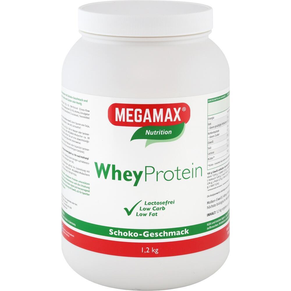 Gro&szlig;e Dose Megamax-Whey-Protein mit Schoko-Geschmack, 1,2 kg, auf wei&szlig;em Hintergrund.