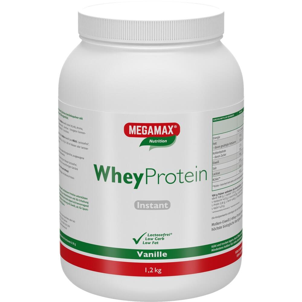 Eine Dose Whey-Protein Pulver mit Vanillegeschmack von Megamax.