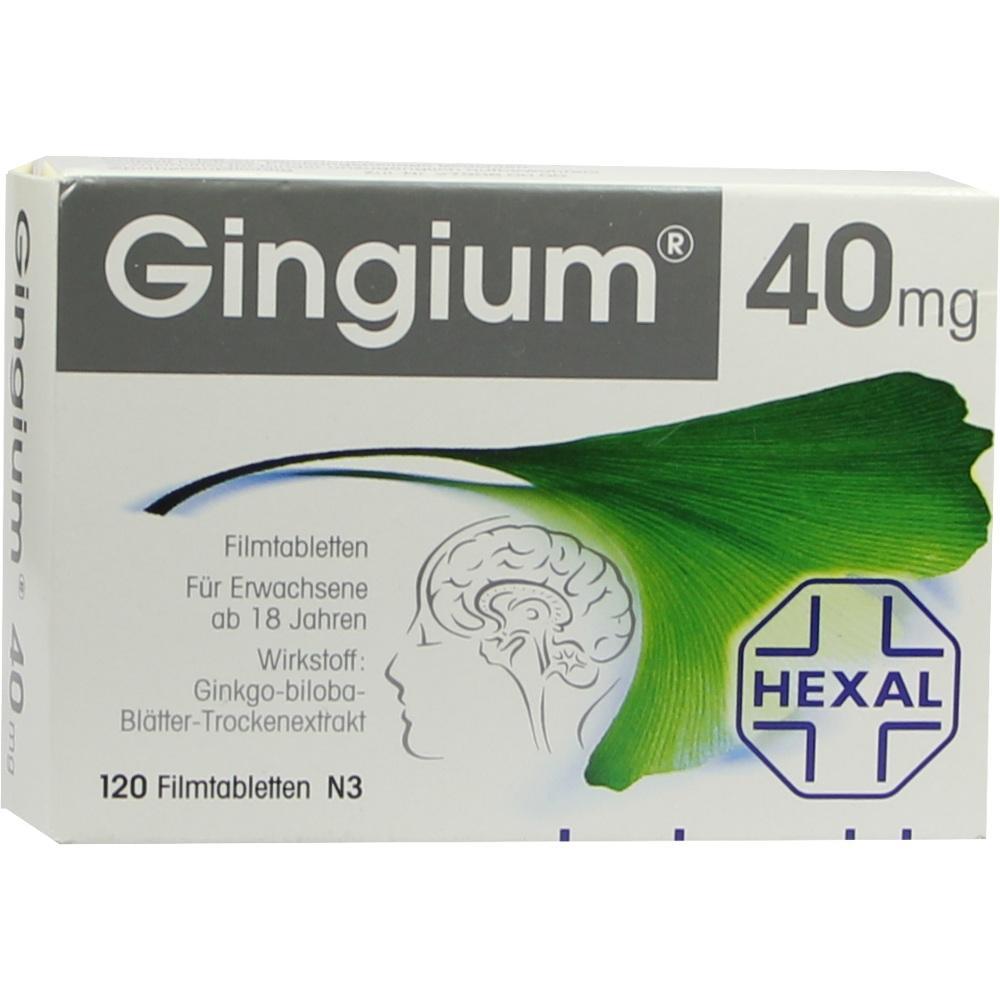 Verpackung von Gingium 40 mg Tabletten mit gr&uuml;nem Blatt und Gehirn-Abbildung.