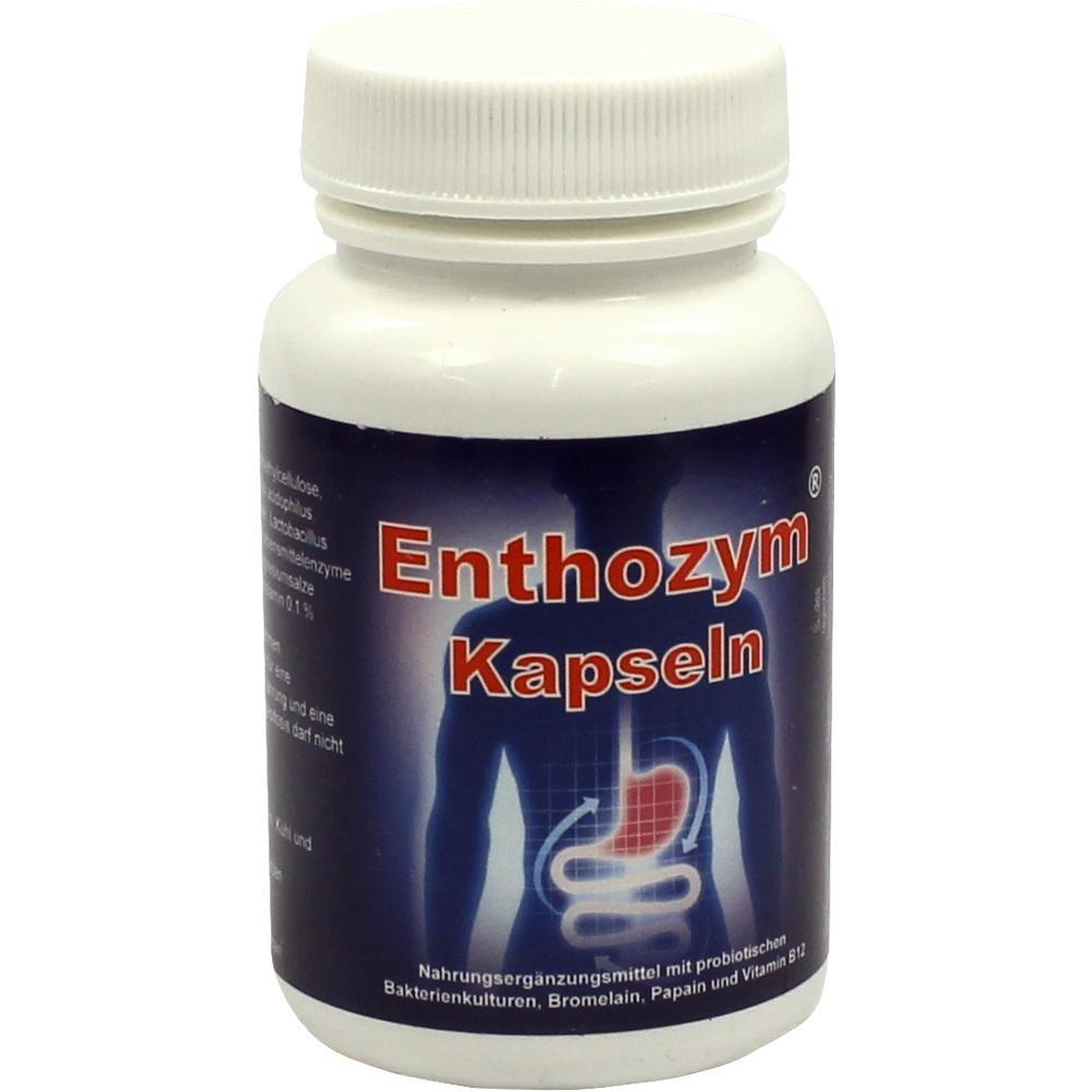 Eine wei&szlig;e Flasche mit der Aufschrift "Enthozyme Kapseln".