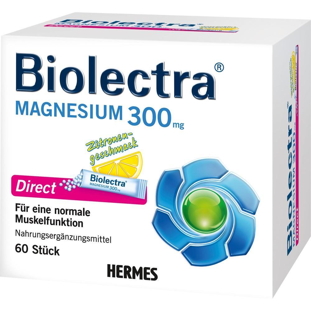 Wei&szlig;e Packung Biolectra Magnesium 300 mg mit Zitronengeschmack und blauer Blume.