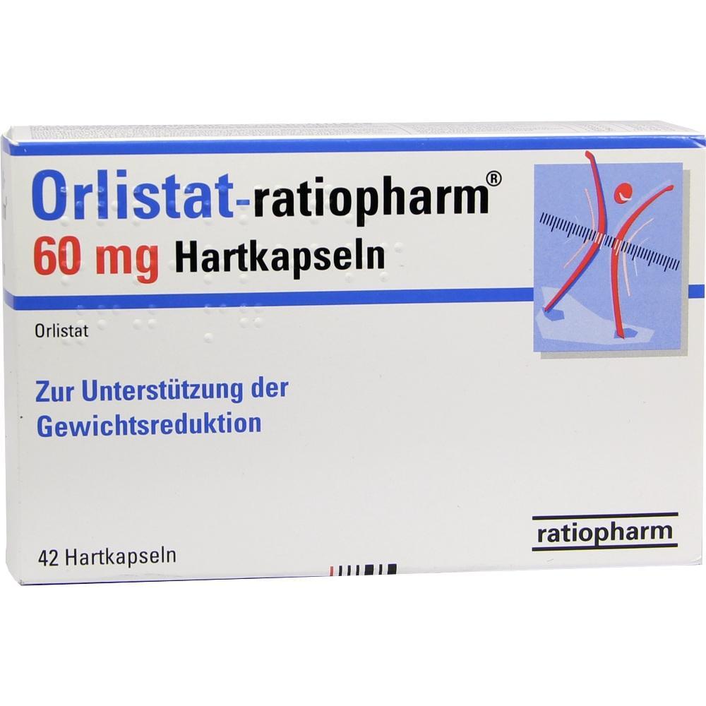Packung Orlistat-ratiopharm 60 mg Hartkapseln zur Unterst&uuml;tzung bei Gewichtsreduktion.