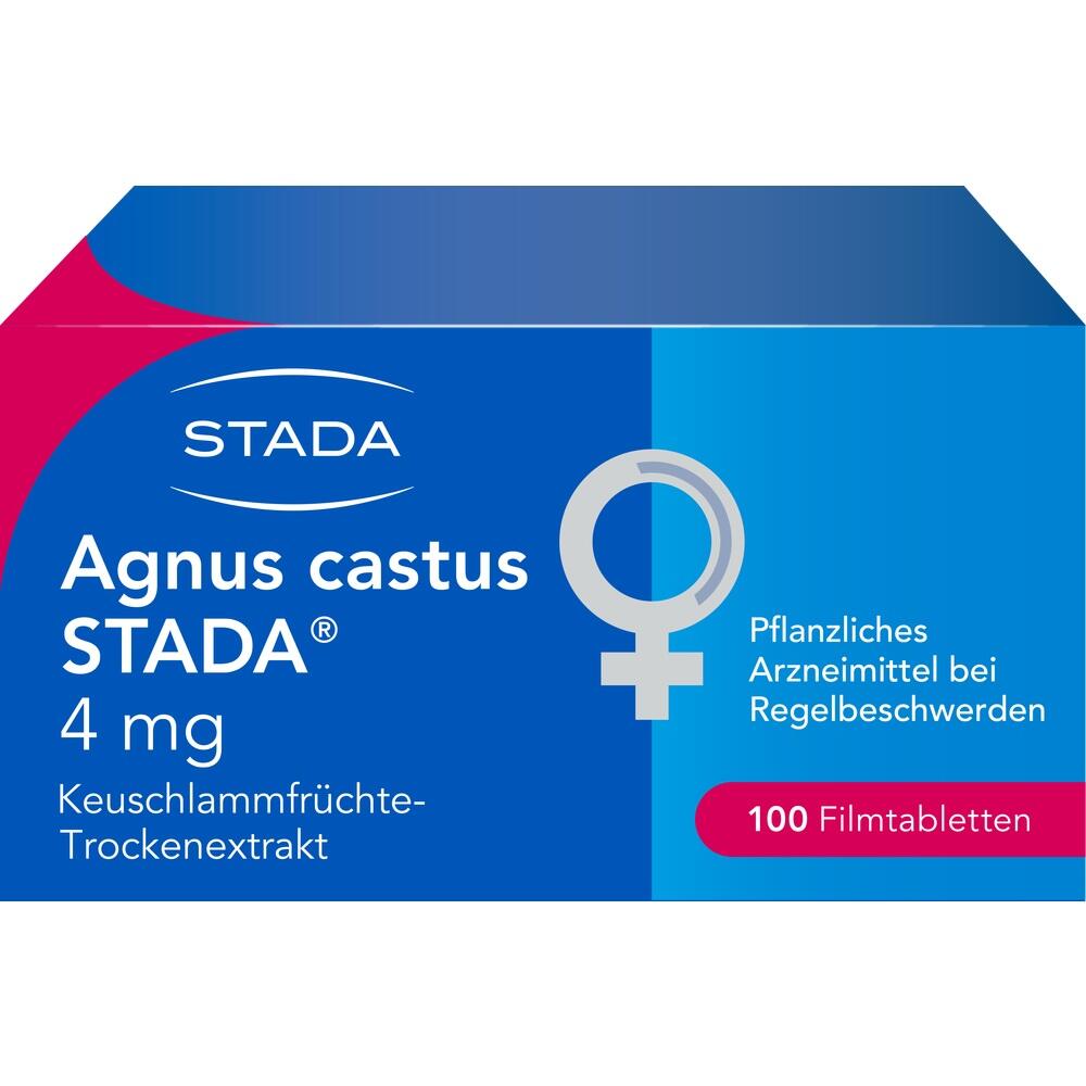 Blaue Packung mit Agnus castus Tabletten gegen Regelbeschwerden.