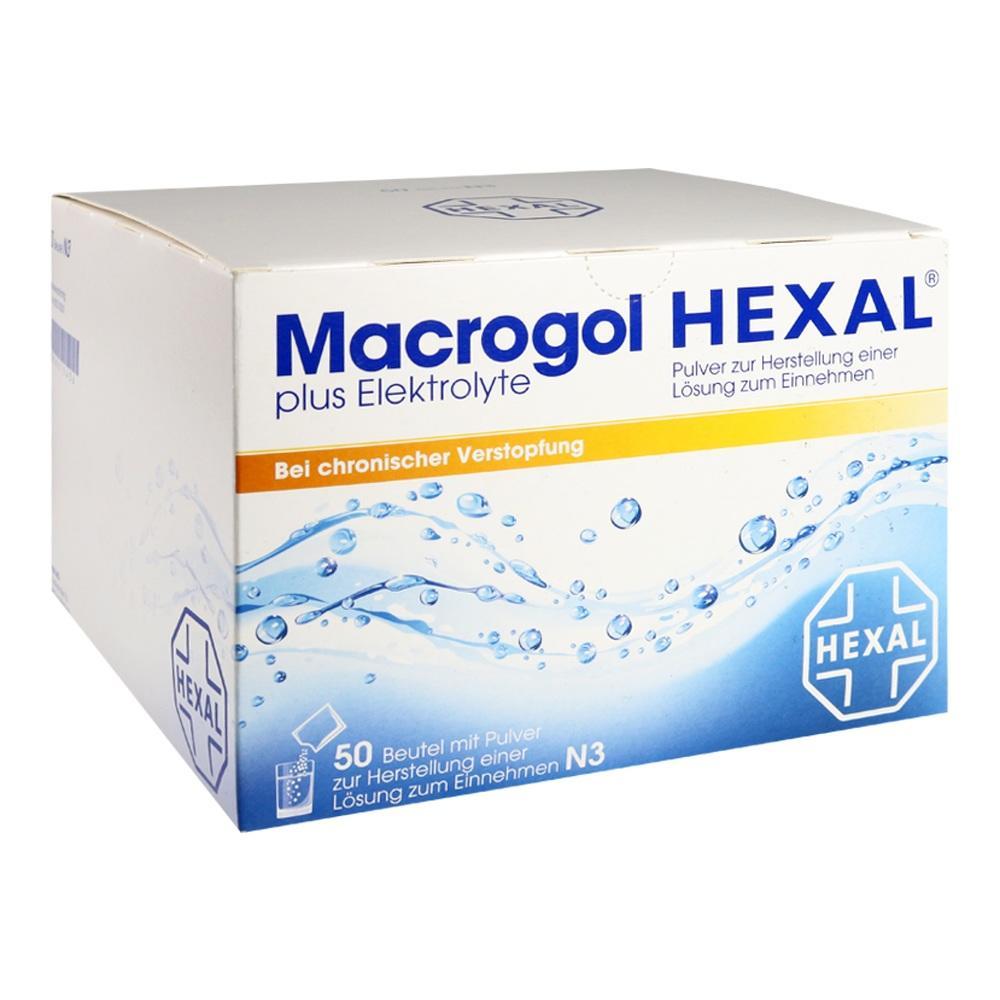Eine wei&szlig;e Packung Macrogol HEXAL gegen Verstopfung mit Wassermotiven.