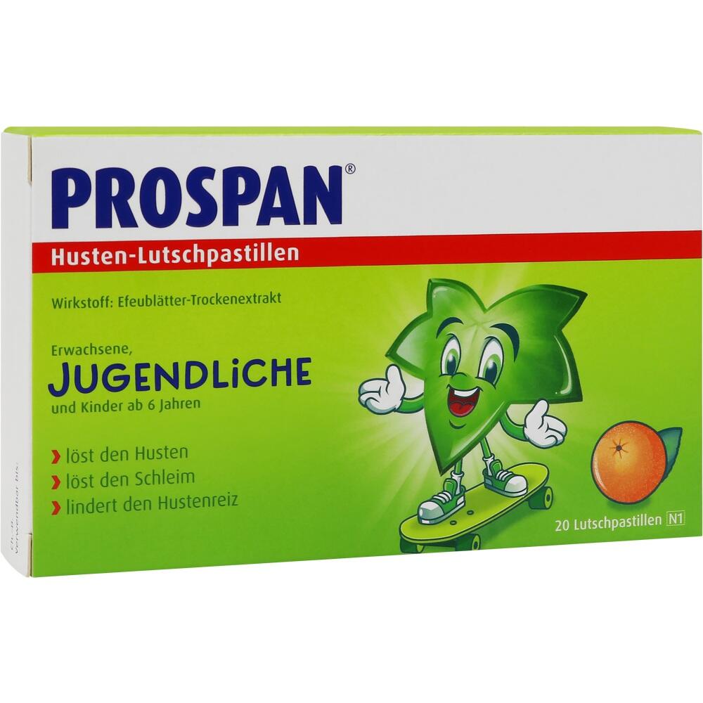 Gr&uuml;ne Verpackung von Prospan Husten-Lutschpastillen mit lachendem Blatt und Orange.