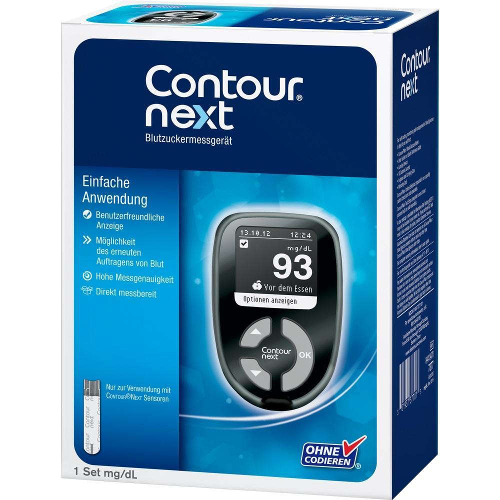 Verpackung des Contour Next Blutzuckermessger&auml;ts mit Bild des Ger&auml;ts und Infos zur Anwendung.