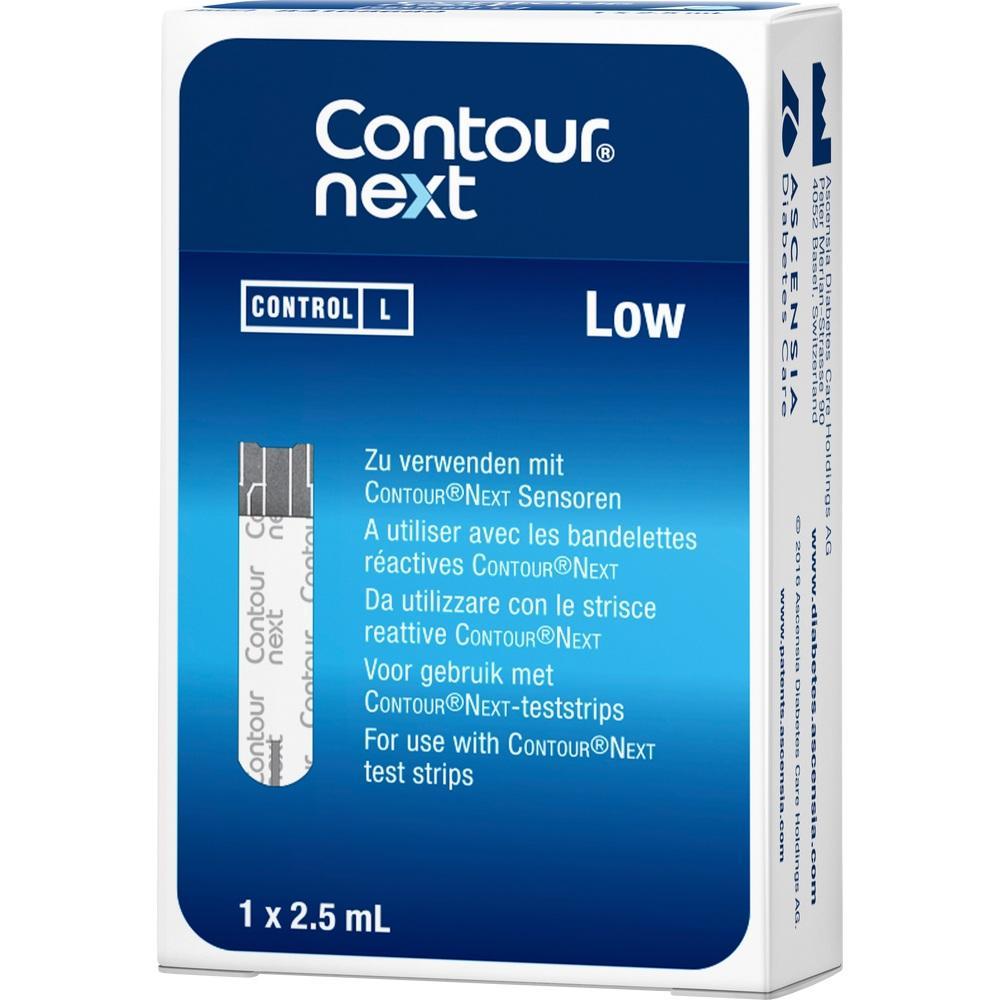 Eine blaue Packung f&uuml;r Contour Next Blutzuckerteststreifen mit verschiedenen Sprachen.