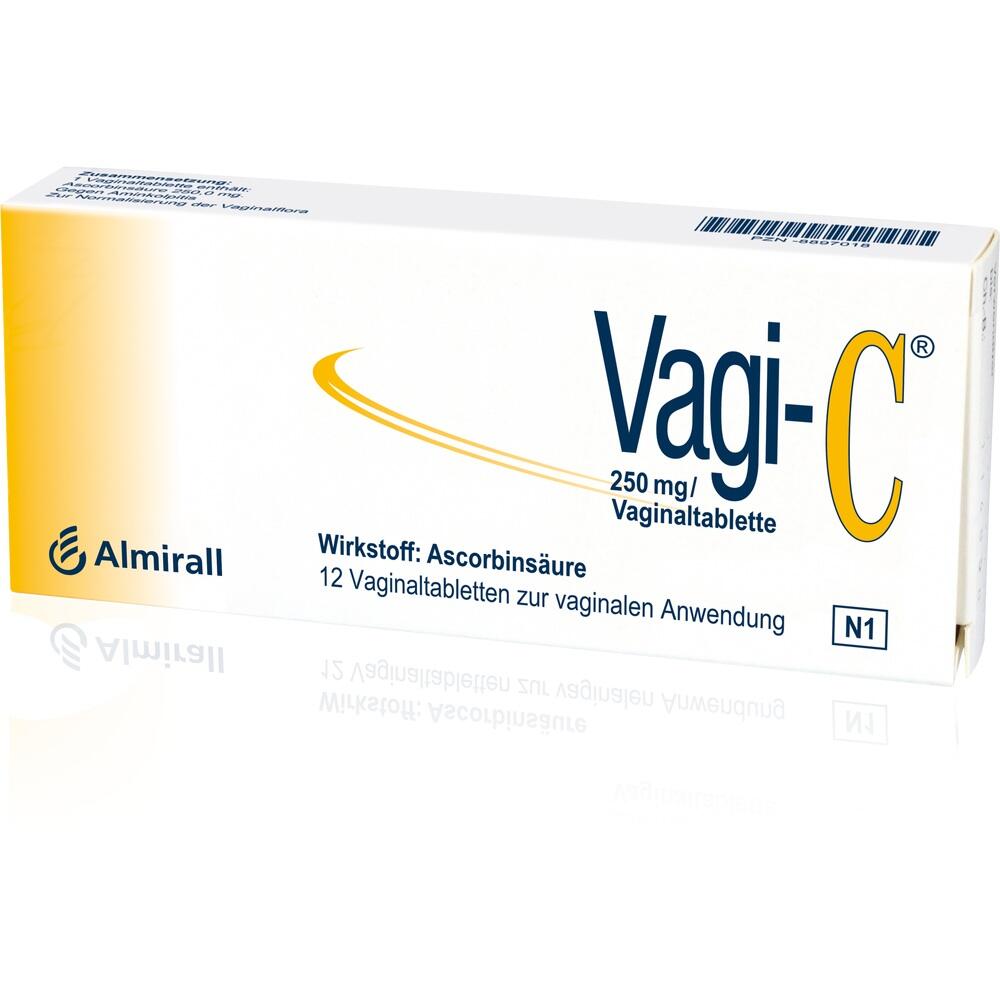 Eine Schachtel mit Vaginaltabletten namens Vagi-C der Marke Almirall.