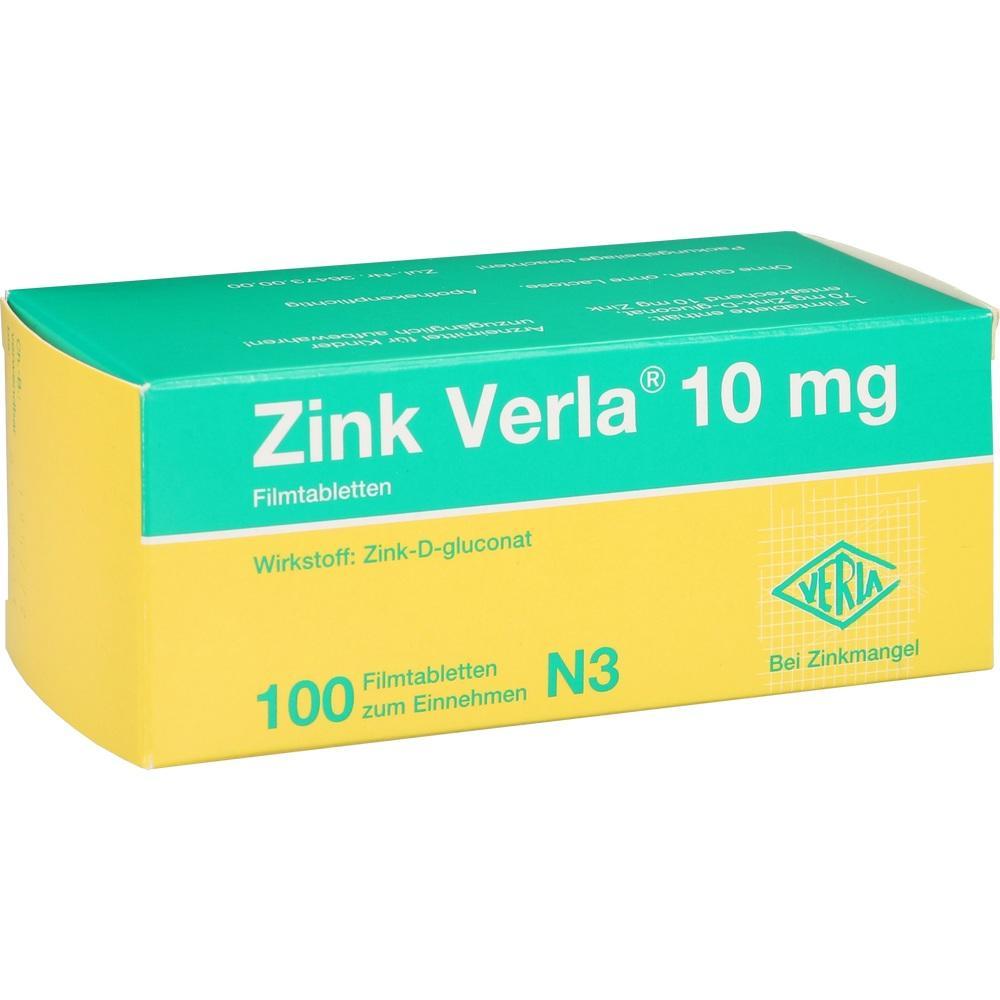 Gelbe und gr&uuml;ne Packung Zinktabletten "Zink Verla" mit 10 mg.