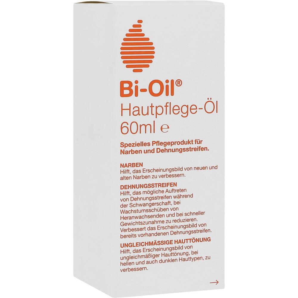 Wei&szlig;e Verpackung von Bi-Oil Hautpflege-&Ouml;l, 60ml, f&uuml;r Narben und Dehnungsstreifen.