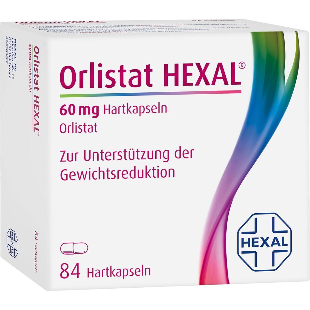 Eine Packung Orlistat Hexal mit 84 Kapseln zur Unterst&uuml;tzung der Gewichtsreduktion.