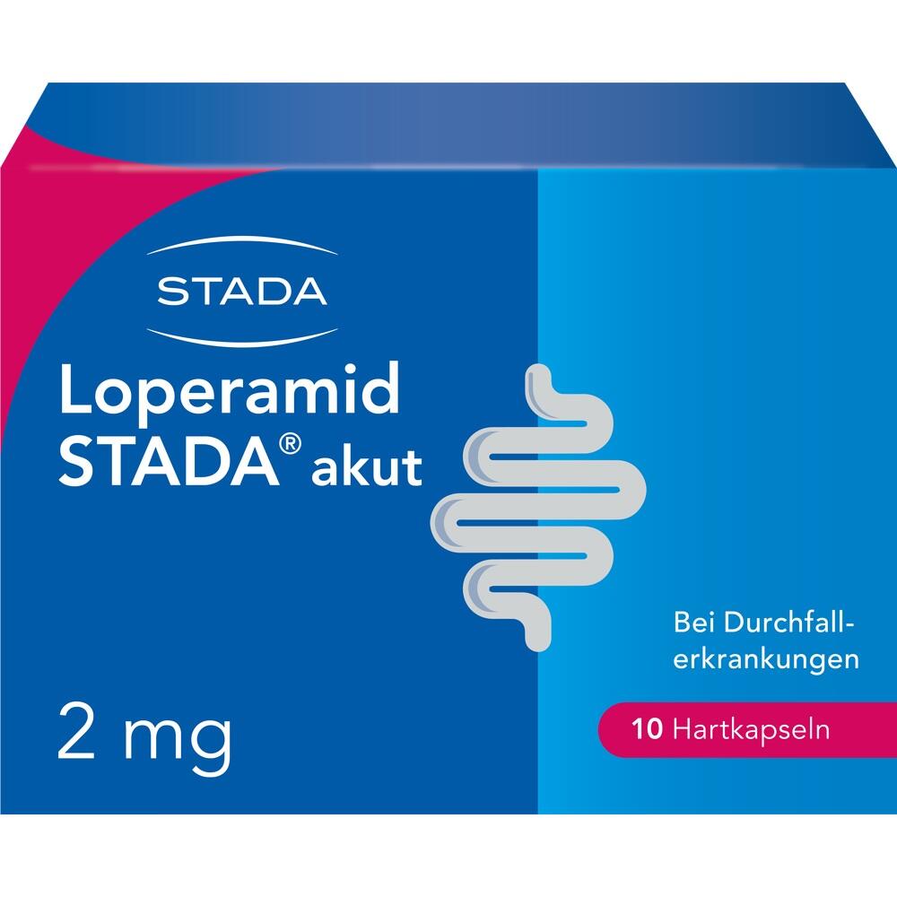 Blaue Medikamentenverpackung f&uuml;r Loperamid STADA gegen Durchfallerkrankungen.