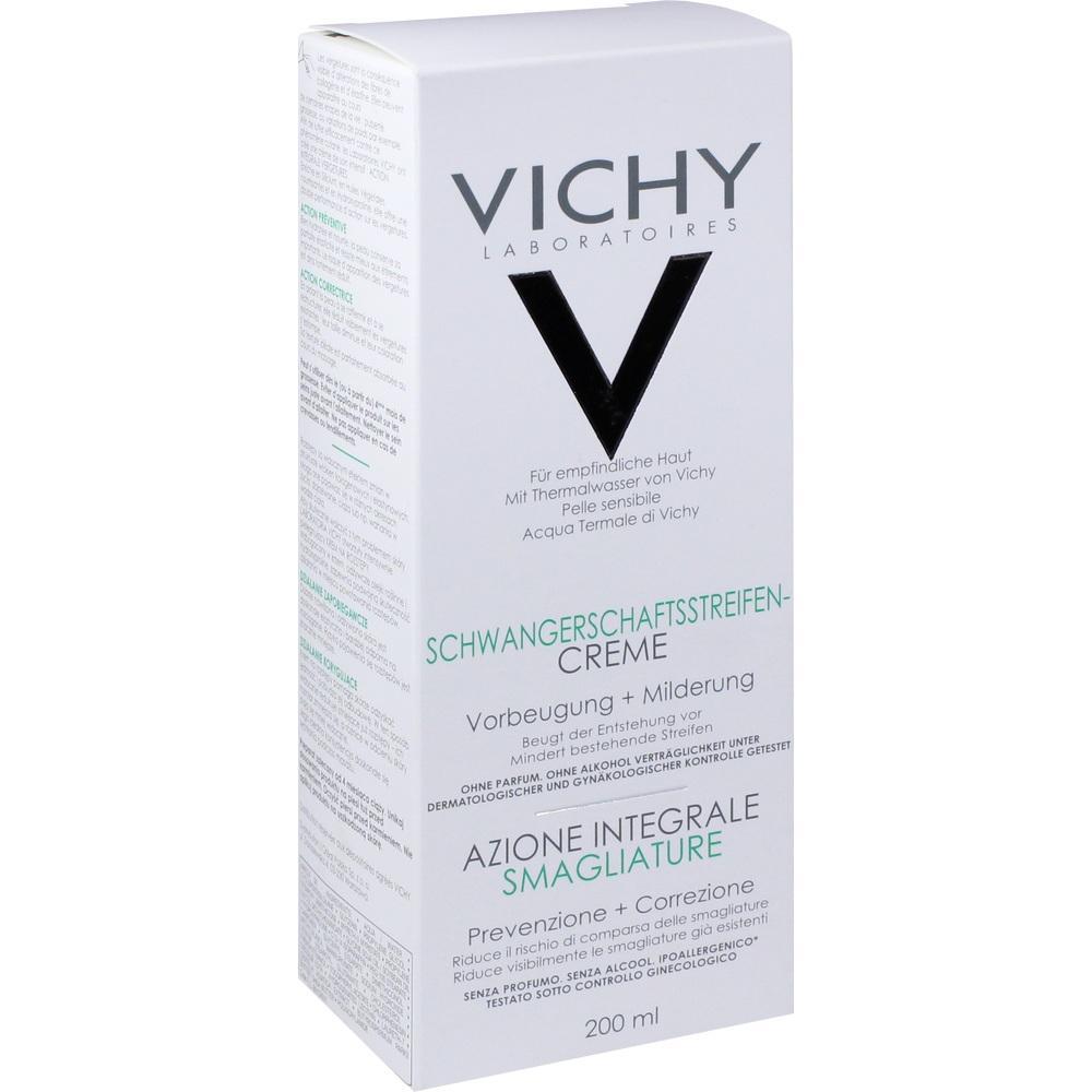 Eine wei&szlig;e Packung Vichy Schwangerschaftsstreifen-Creme, 200 ml.