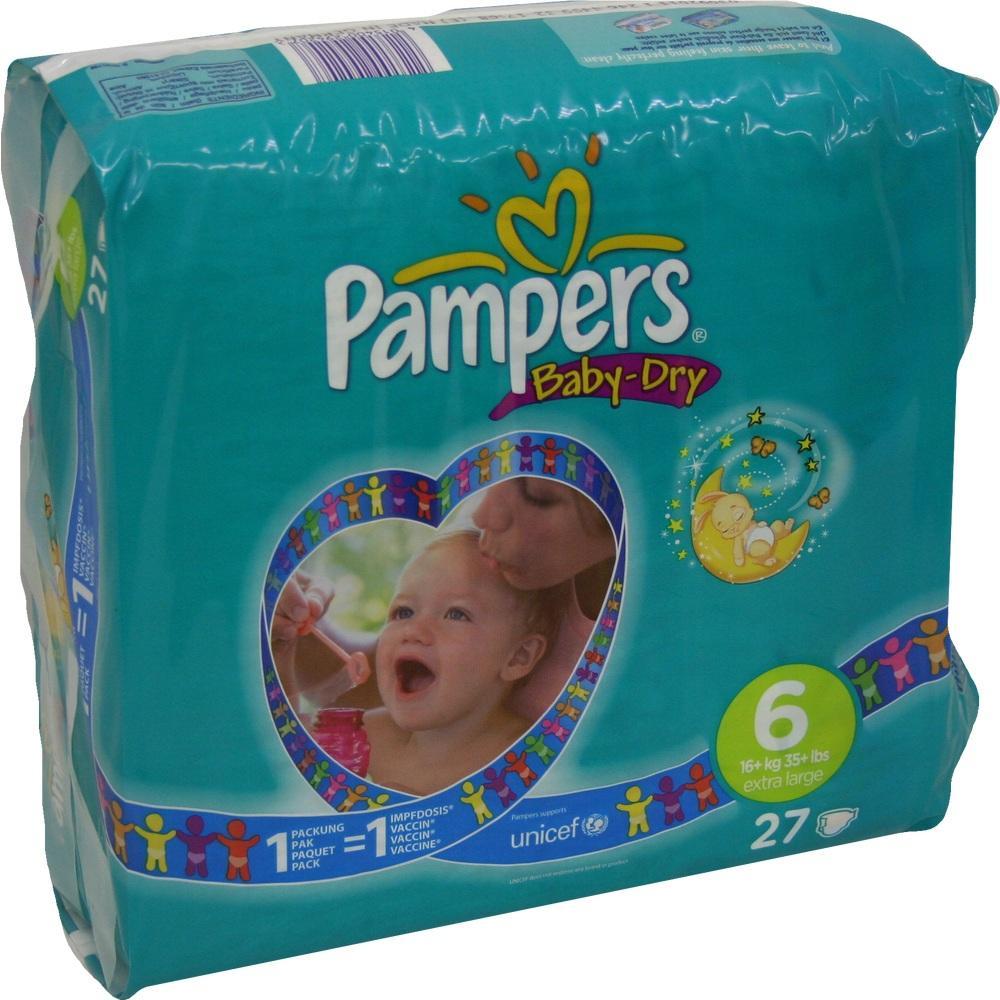 Eine Packung Pampers Baby-Dry Windeln in Gr&ouml;&szlig;e 6 mit einem l&auml;chelnden Baby auf der Vorderseite.