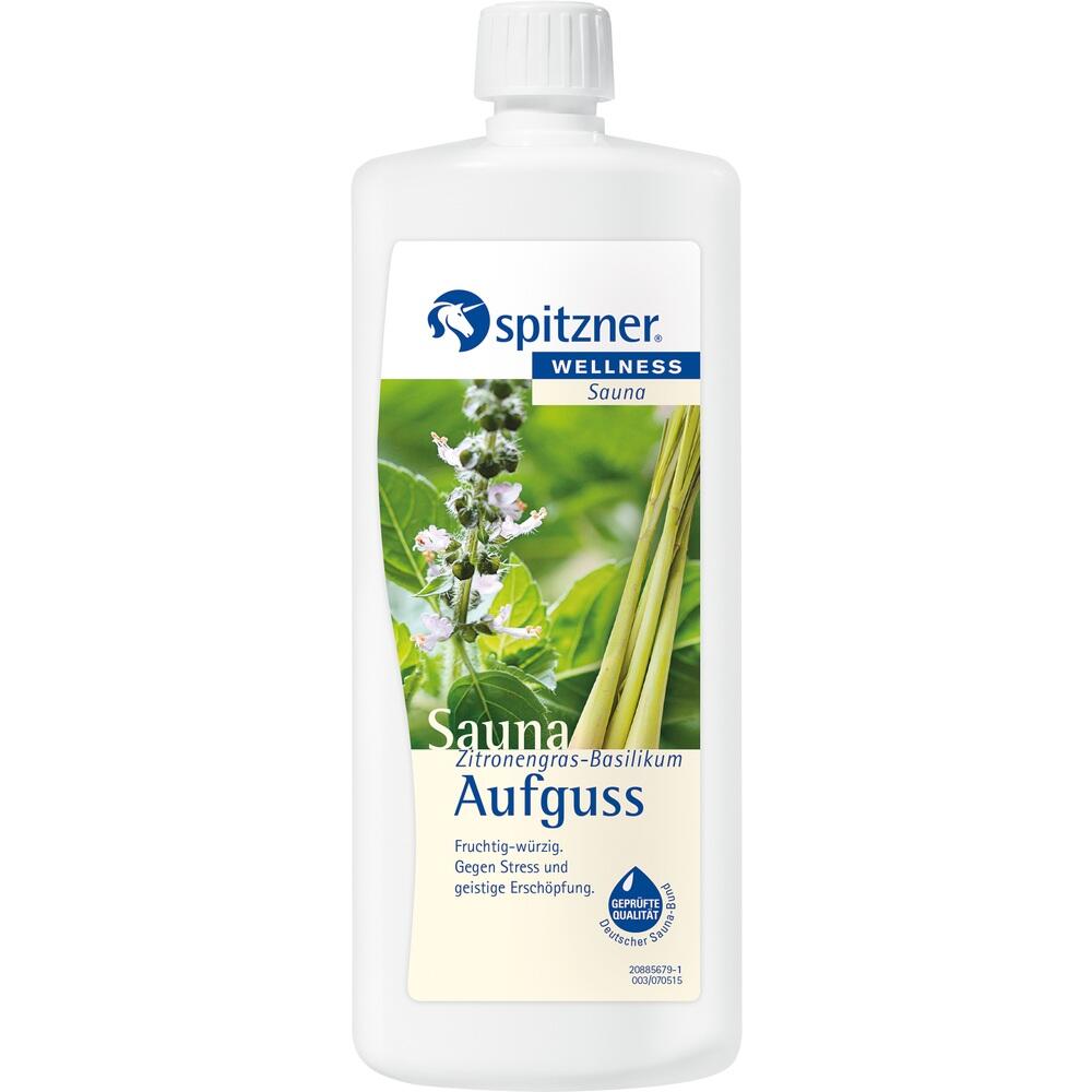 Eine Flasche mit Saunaaufguss in Zitronengras-Basilikum-Duft.
