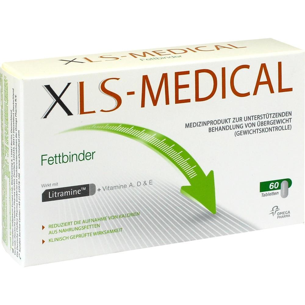 Wei&szlig;e Verpackung von XLS-Medical Fettbinder mit gr&uuml;nem Pfeil und Text &uuml;ber Gewichtskontrolle.