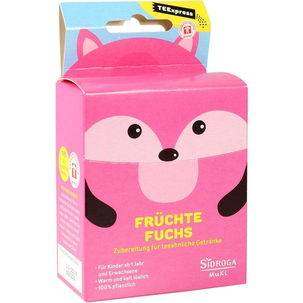 Eine pinke Packung mit einem Fuchs-Gesicht und der Aufschrift "Fr&uuml;chte Fuchs".