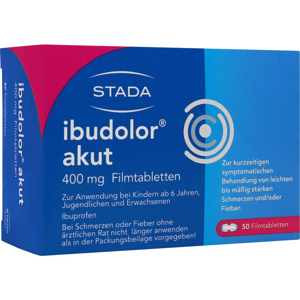 Blaue Packung Ibuprofen-Tabletten gegen Schmerzen und Fieber, 50 St&uuml;ck.
