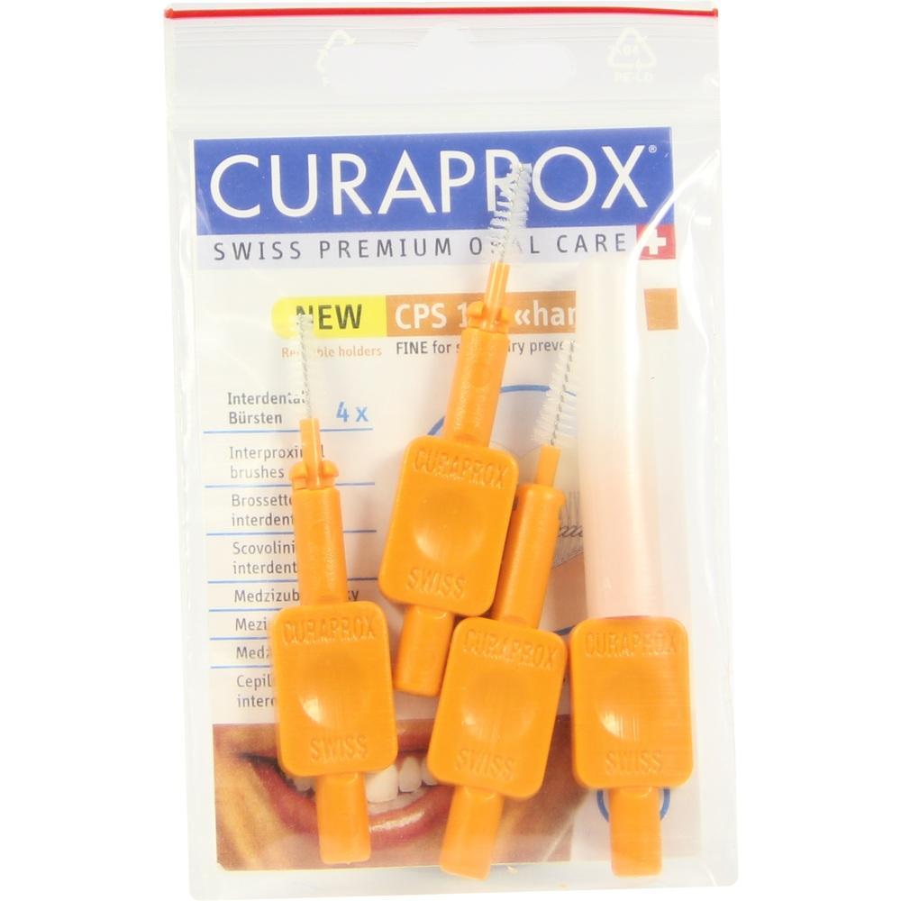 Verpackung mit vier orangefarbenen Interdentalb&uuml;rsten von Curaprox.