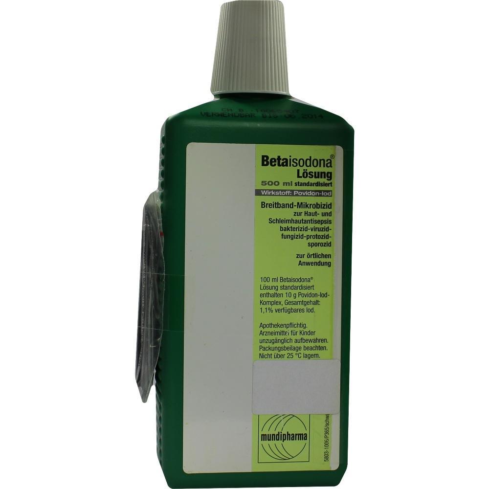 Gr&uuml;ne Flasche mit Etikett f&uuml;r Betaisodona-L&ouml;sung, ein antiseptisches Mittel.