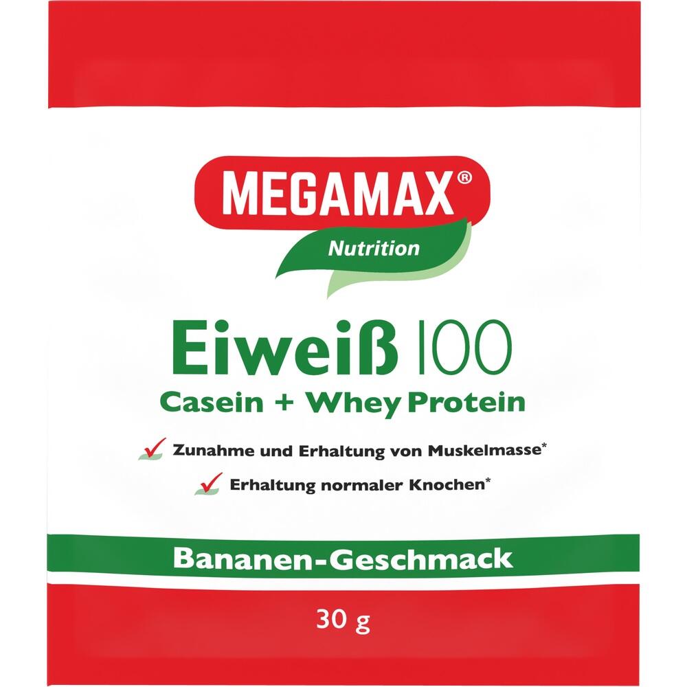 Verpackung von Megamax Eiwei&szlig;pulver mit Bananengeschmack, 30 g Packung.
