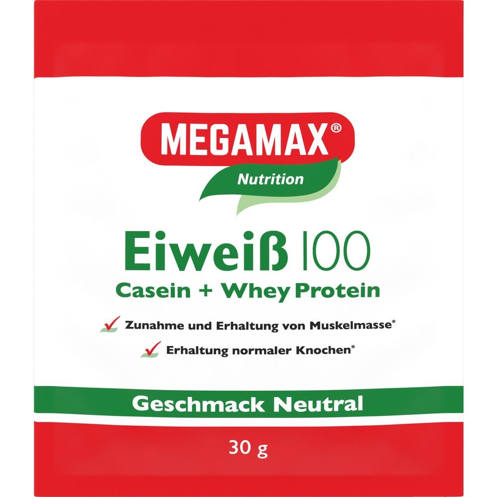 Rote Verpackung von Megamax Eiwei&szlig;pulver mit Casein und Whey, Geschmack neutral.