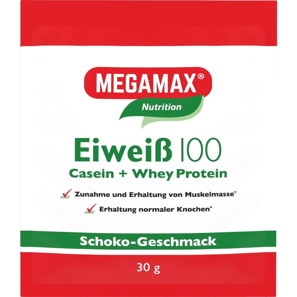 Packung mit Eiwei&szlig;pulver, Schoko-Geschmack, 30g, f&uuml;r Muskeln und Knochen.